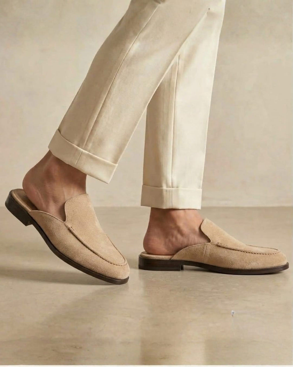 The Nomad Suede Mule in Sand (Wooden sole)